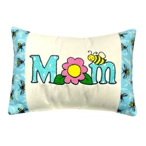 Hand Crafted Embroidered Mom Accent Pillow Blue and White with Bees and Flowers